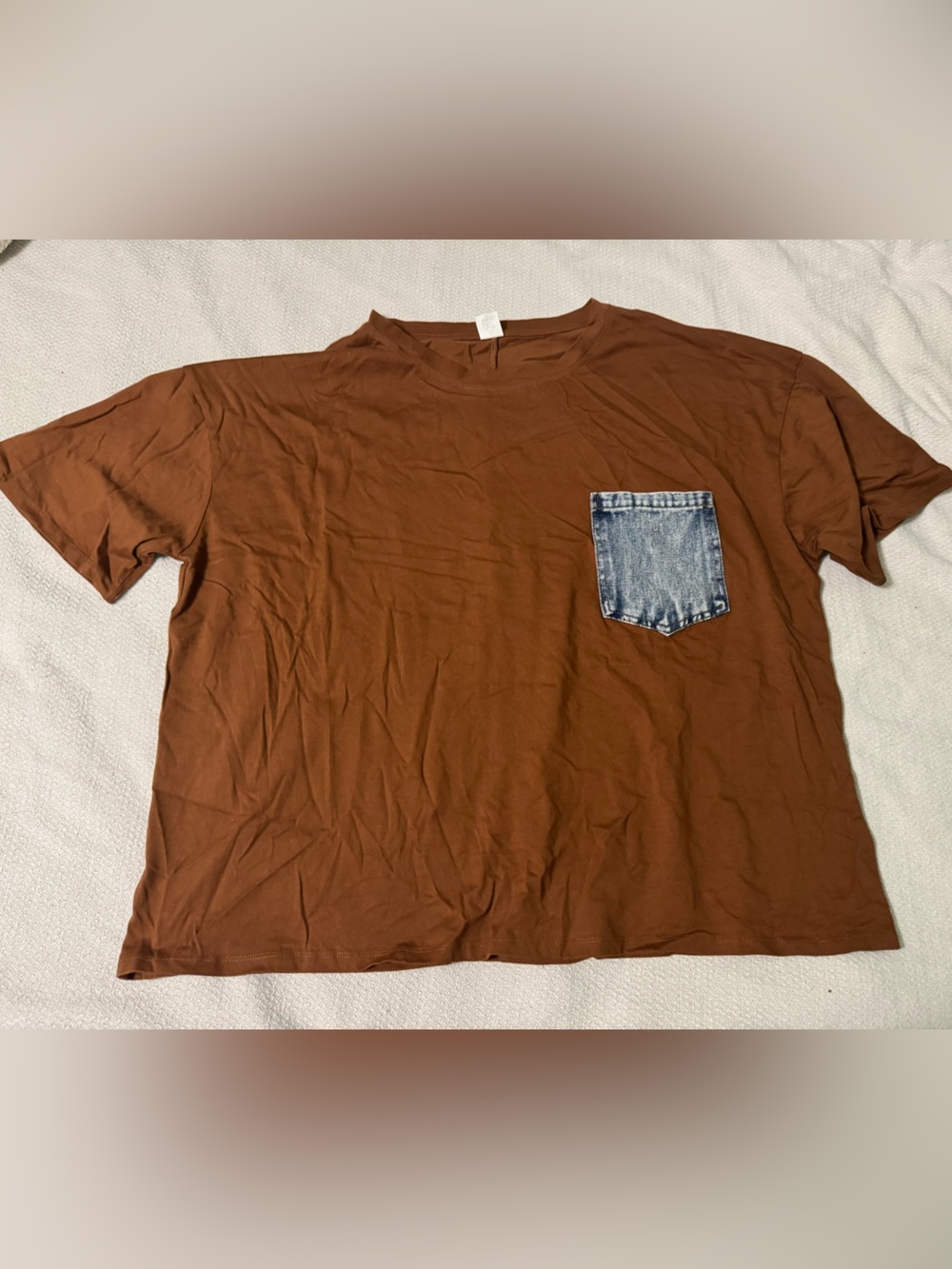 Like Love Women’s cotton Crewneck boxy T-Shirt with Contrast Denim Pocket